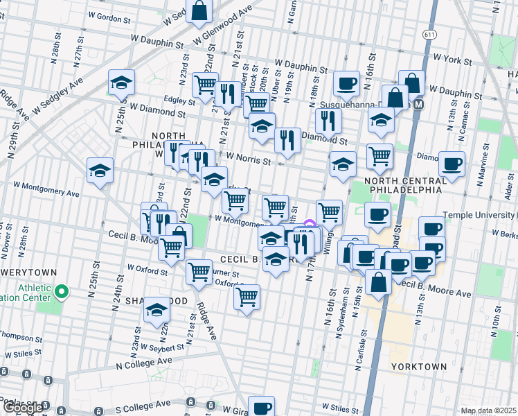 map of restaurants, bars, coffee shops, grocery stores, and more near 1921 West Wilt Street in Philadelphia