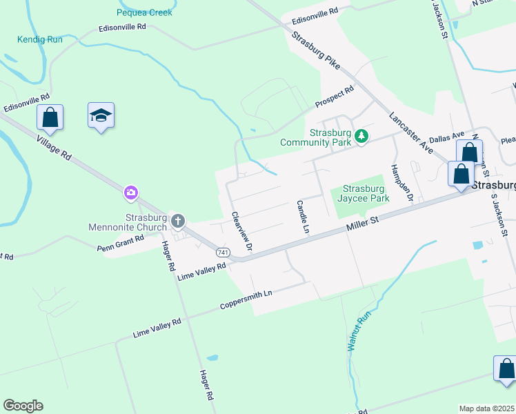 map of restaurants, bars, coffee shops, grocery stores, and more near 324 Susan Avenue in Strasburg