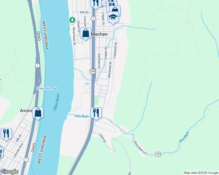 map of restaurants, bars, coffee shops, grocery stores, and more near 1411 Marshall St in McMechen