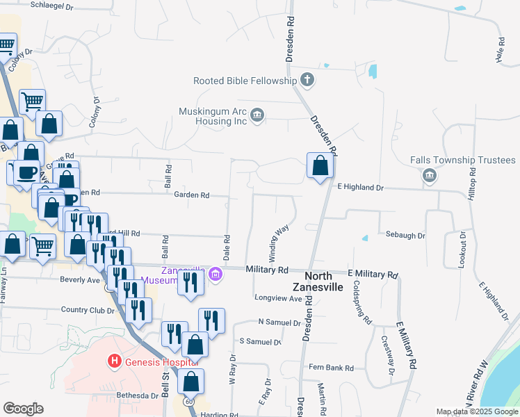 map of restaurants, bars, coffee shops, grocery stores, and more near 3270 West Winding Way in Zanesville