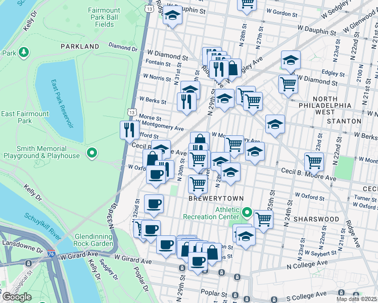 map of restaurants, bars, coffee shops, grocery stores, and more near 2937 Cecil B. Moore Avenue in Philadelphia