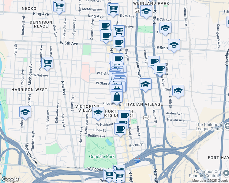 map of restaurants, bars, coffee shops, grocery stores, and more near 987 North High Street in Columbus