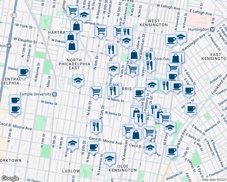 map of restaurants, bars, coffee shops, grocery stores, and more near 2037 North Lawrence Street in Philadelphia
