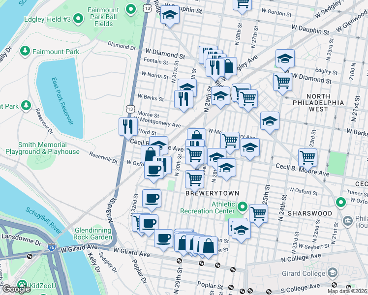 map of restaurants, bars, coffee shops, grocery stores, and more near 2934 West Glenwood Avenue in Philadelphia
