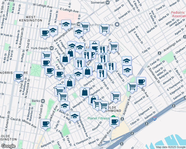 map of restaurants, bars, coffee shops, grocery stores, and more near 2147 E Cumberland St in Philadelphia