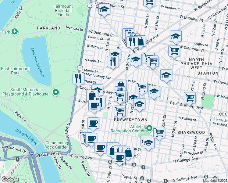 map of restaurants, bars, coffee shops, grocery stores, and more near 2939 Cecil B. Moore Avenue in Philadelphia