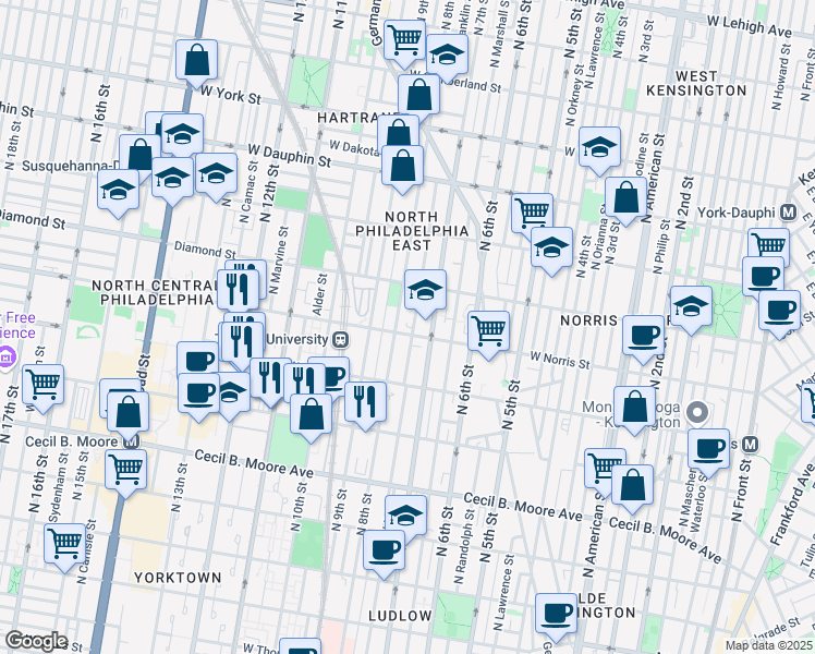 map of restaurants, bars, coffee shops, grocery stores, and more near 2012 North Franklin Street in Philadelphia