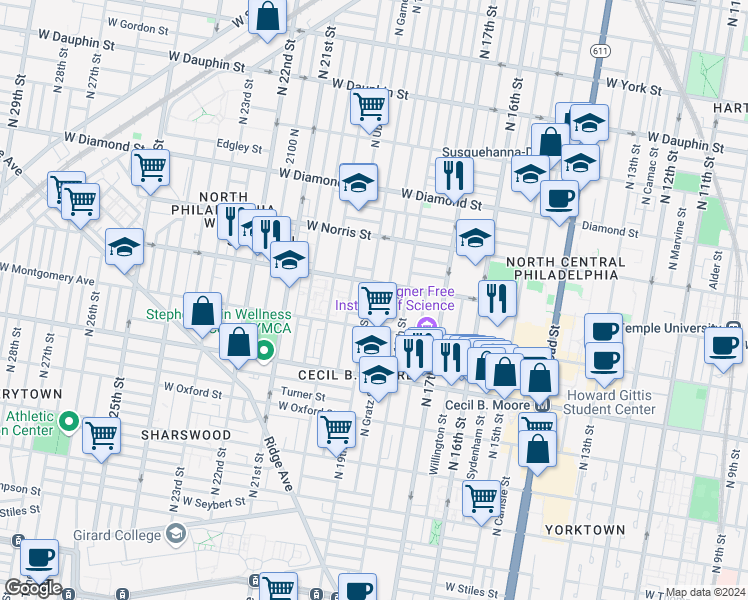 map of restaurants, bars, coffee shops, grocery stores, and more near 1835 North 19th Street in Philadelphia