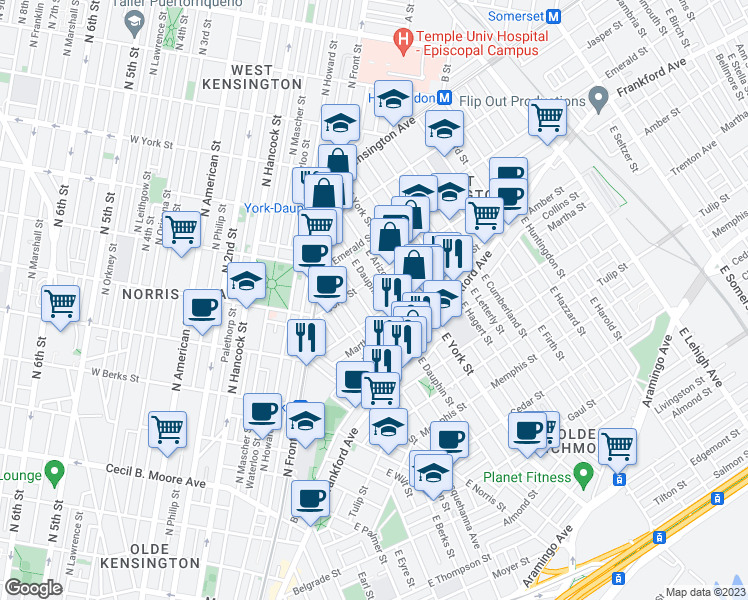 map of restaurants, bars, coffee shops, grocery stores, and more near 2070 East Dauphin Street in Philadelphia