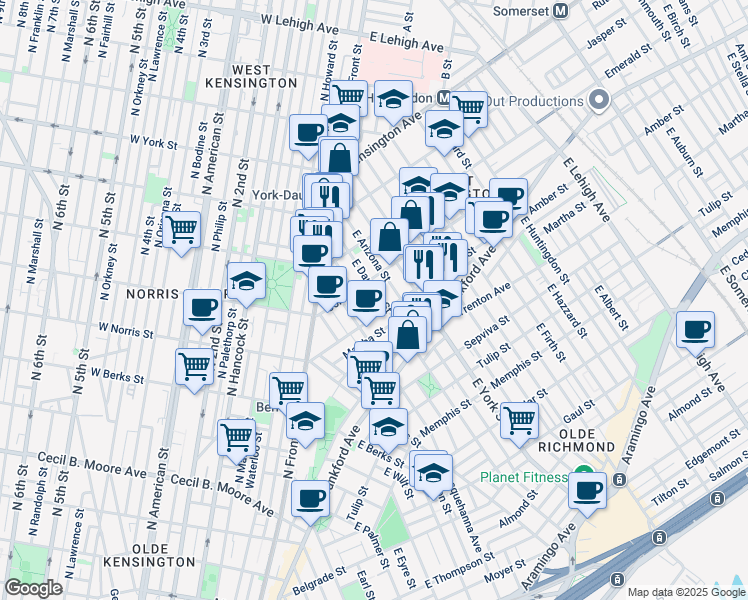 map of restaurants, bars, coffee shops, grocery stores, and more near 2070 East Dauphin Street in Philadelphia