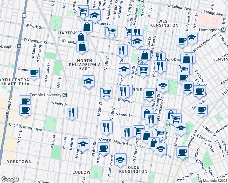 map of restaurants, bars, coffee shops, grocery stores, and more near 2028 North 5th Street in Philadelphia