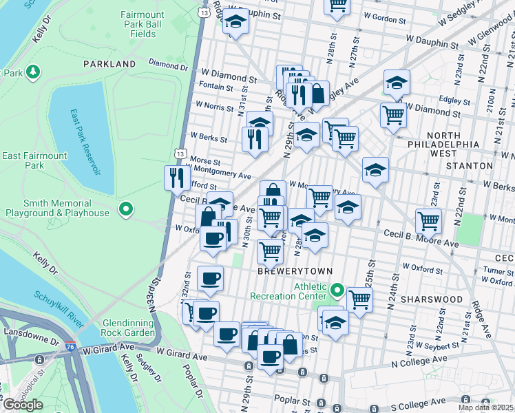 map of restaurants, bars, coffee shops, grocery stores, and more near 2937 Cecil B. Moore Avenue in Philadelphia