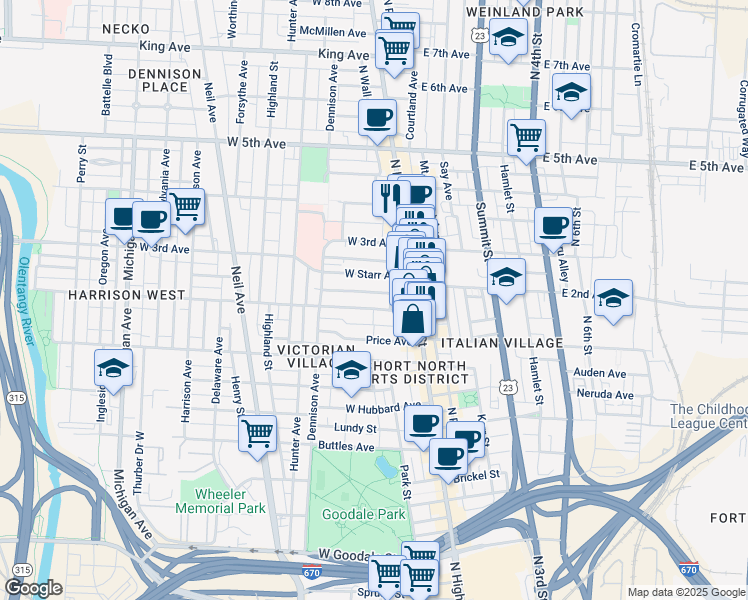 map of restaurants, bars, coffee shops, grocery stores, and more near 84-86 East 2nd Avenue in Columbus