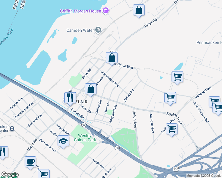 map of restaurants, bars, coffee shops, grocery stores, and more near 8249 Eden Lane in Pennsauken