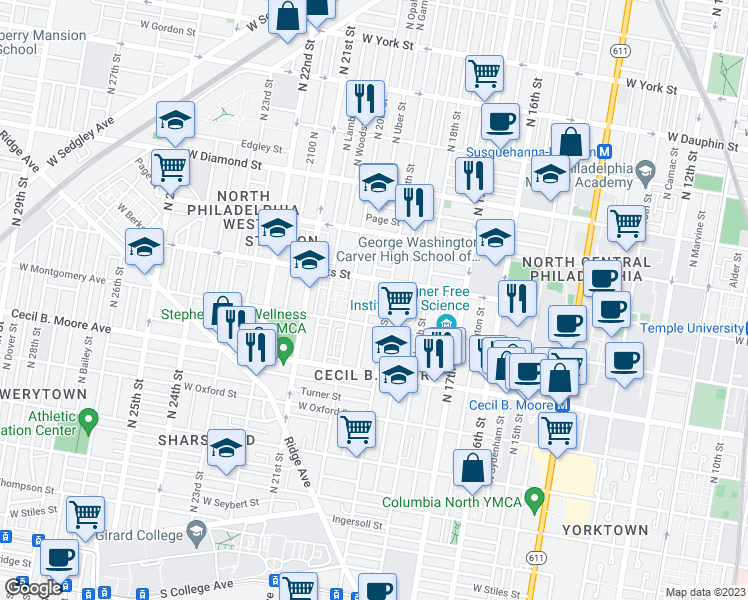 map of restaurants, bars, coffee shops, grocery stores, and more near 1921 West Wilt Street in Philadelphia