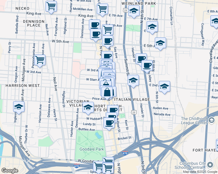 map of restaurants, bars, coffee shops, grocery stores, and more near 1014 North High Street in Columbus