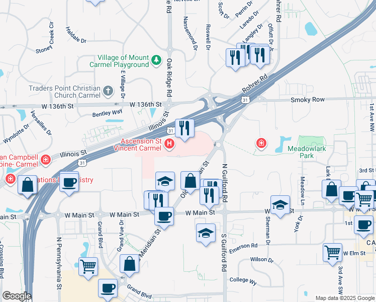 map of restaurants, bars, coffee shops, grocery stores, and more near 13500 North Meridian Street in Carmel