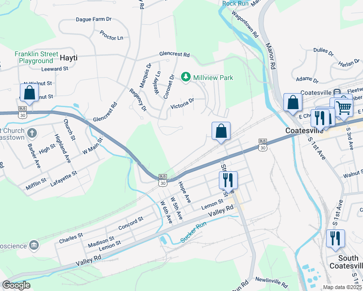 map of restaurants, bars, coffee shops, grocery stores, and more near 432 Mount Pleasant Street in Coatesville