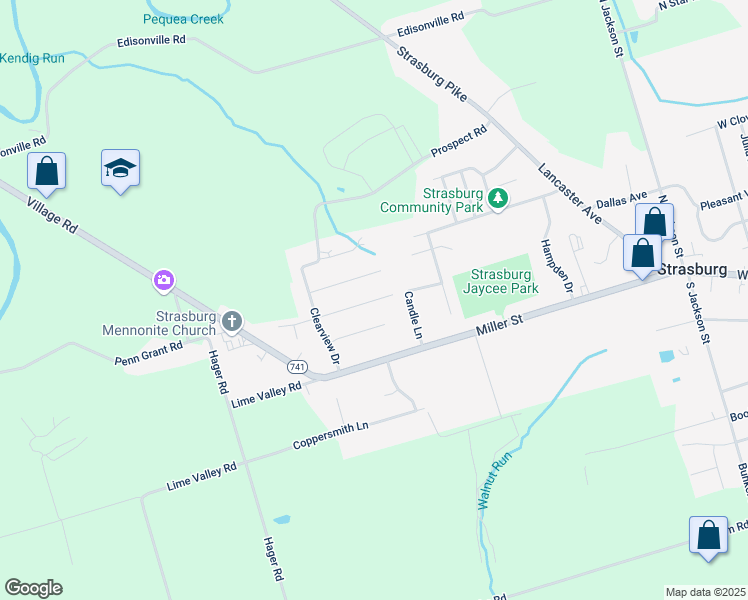 map of restaurants, bars, coffee shops, grocery stores, and more near 324 Susan Avenue in Strasburg