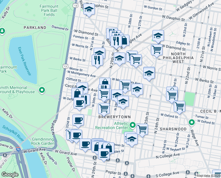 map of restaurants, bars, coffee shops, grocery stores, and more near 1716 North Dover Street in Philadelphia