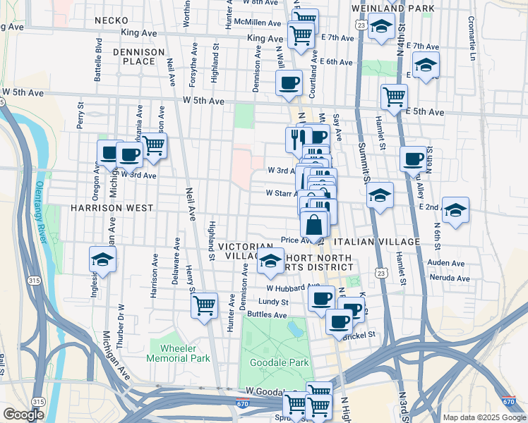 map of restaurants, bars, coffee shops, grocery stores, and more near 84-86 East 2nd Avenue in Columbus