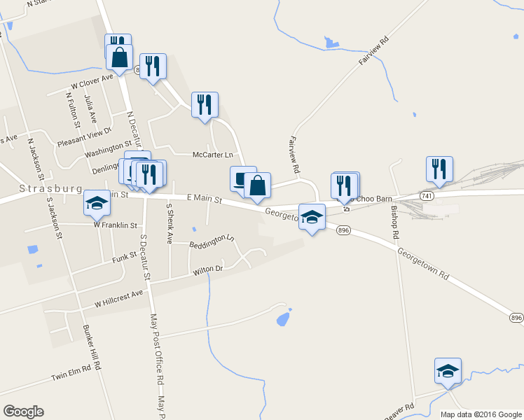map of restaurants, bars, coffee shops, grocery stores, and more near 202 Georgetown Rd in Strasburg