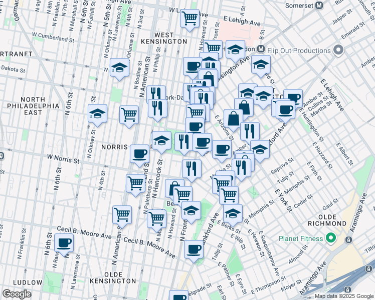 map of restaurants, bars, coffee shops, grocery stores, and more near 2121 North Howard Street in Philadelphia
