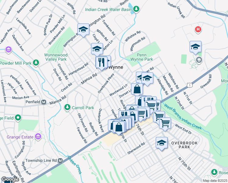 map of restaurants, bars, coffee shops, grocery stores, and more near 100 Rockglen Road in Penn Wynne