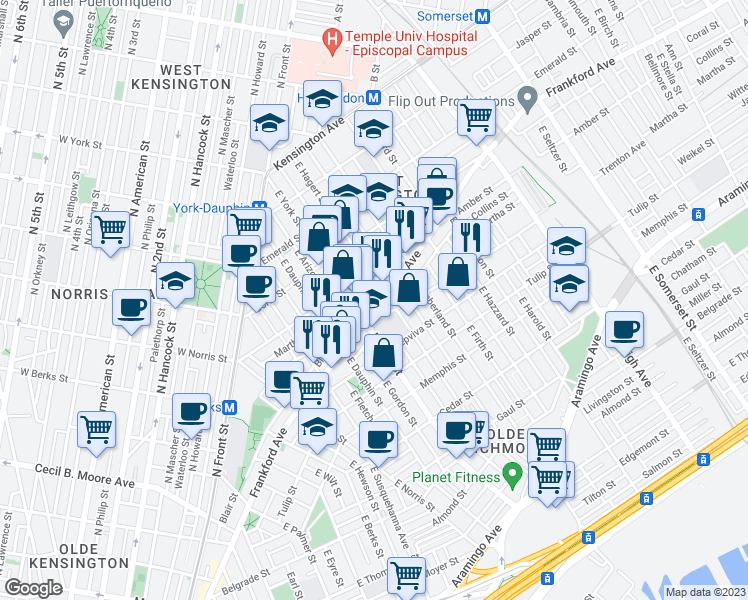 map of restaurants, bars, coffee shops, grocery stores, and more near 2426 Frankford Avenue in Philadelphia