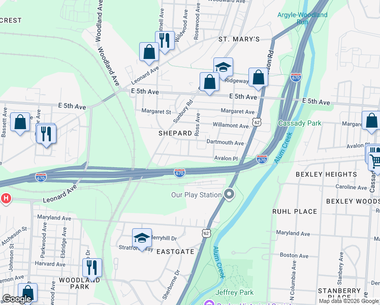 map of restaurants, bars, coffee shops, grocery stores, and more near 2102 Avalon Place in Columbus