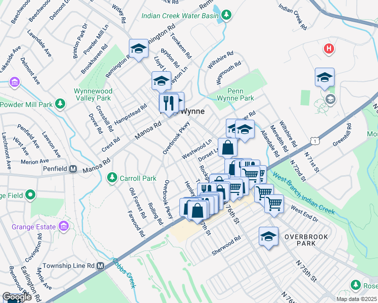 map of restaurants, bars, coffee shops, grocery stores, and more near 100 Rockglen Road in Penn Wynne