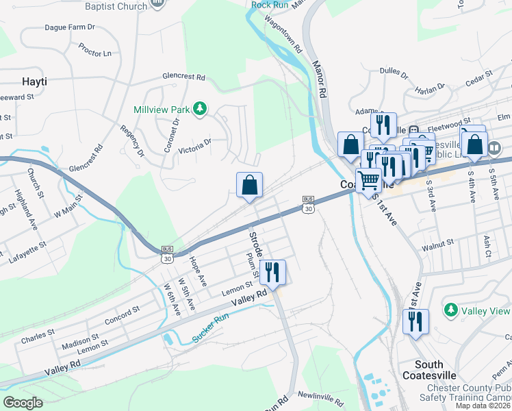 map of restaurants, bars, coffee shops, grocery stores, and more near 232 W Chestnut St in Coatesville