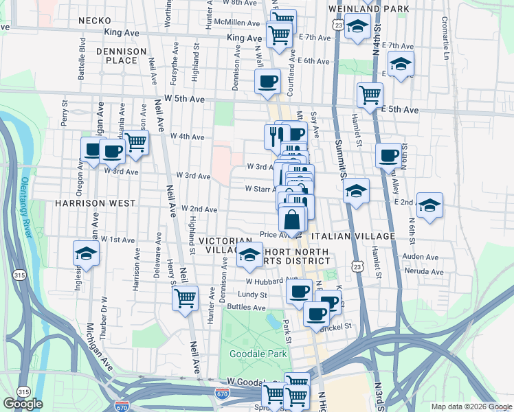map of restaurants, bars, coffee shops, grocery stores, and more near 84 West 2nd Avenue in Columbus