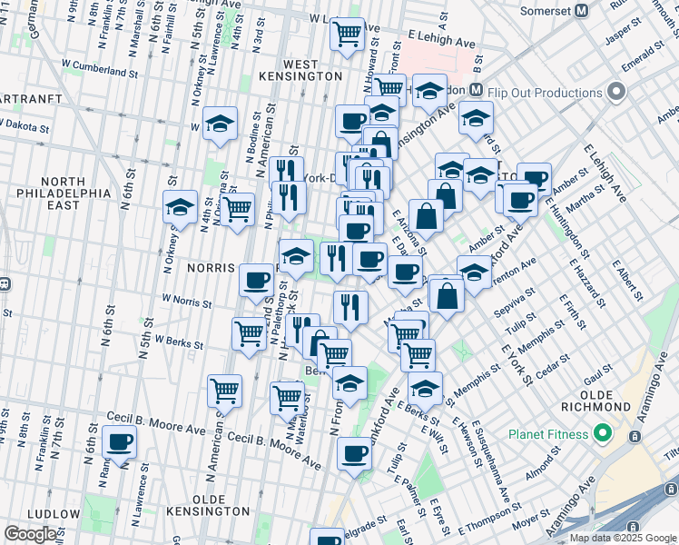 map of restaurants, bars, coffee shops, grocery stores, and more near 2111 North Howard Street in Philadelphia