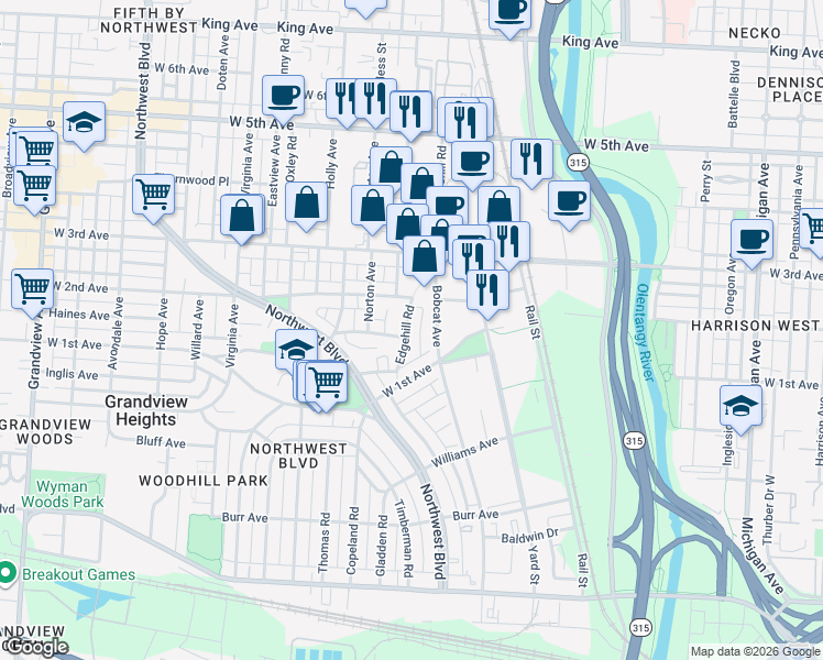 map of restaurants, bars, coffee shops, grocery stores, and more near 1155 Edgehill Road in Columbus