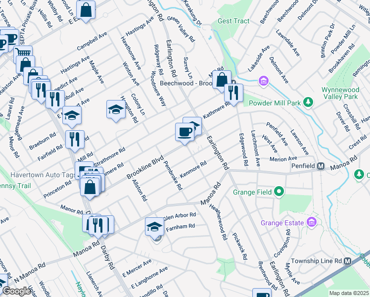 map of restaurants, bars, coffee shops, grocery stores, and more near 345 Brookline Boulevard in Havertown
