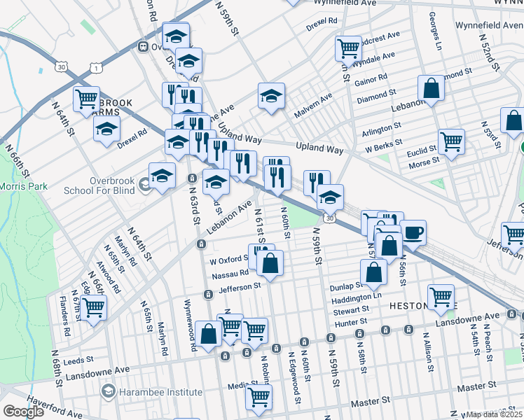 map of restaurants, bars, coffee shops, grocery stores, and more near 1939 North 61st Street in Philadelphia