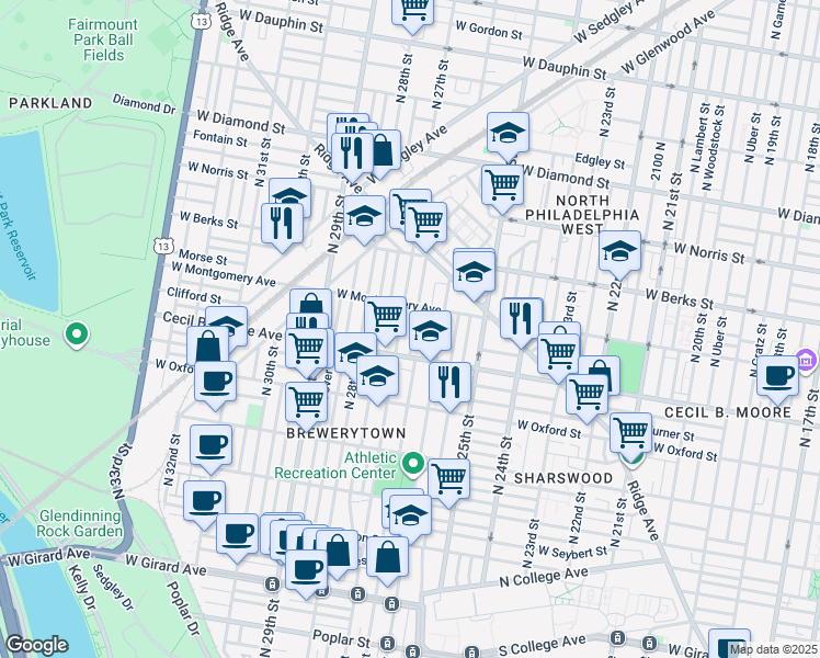 map of restaurants, bars, coffee shops, grocery stores, and more near 1736 North Taney Street in Philadelphia