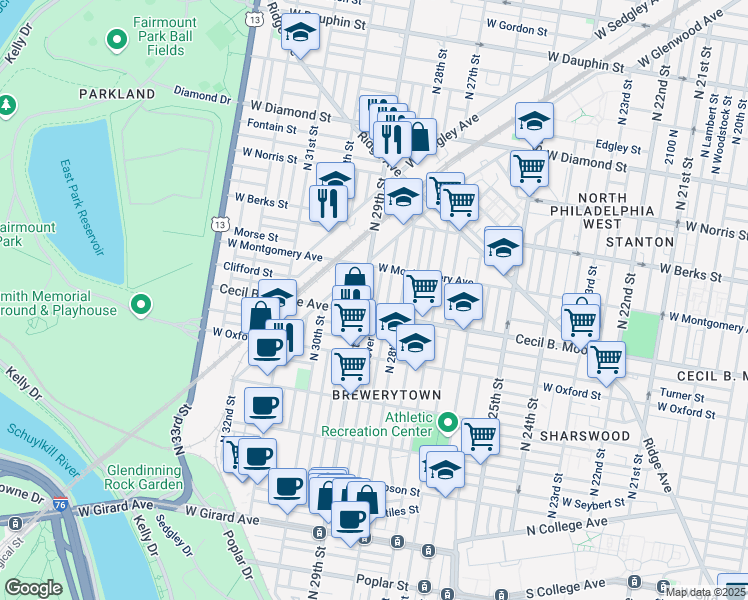 map of restaurants, bars, coffee shops, grocery stores, and more near 1718 North Dover Street in Philadelphia