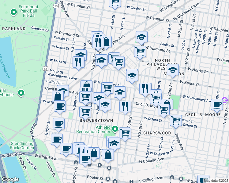 map of restaurants, bars, coffee shops, grocery stores, and more near 1738 North Taney Street in Philadelphia