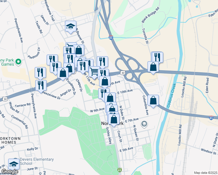 map of restaurants, bars, coffee shops, grocery stores, and more near 1511 North George Street in York