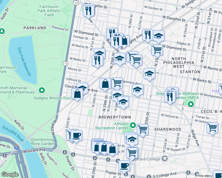 map of restaurants, bars, coffee shops, grocery stores, and more near 1718 North Dover Street in Philadelphia