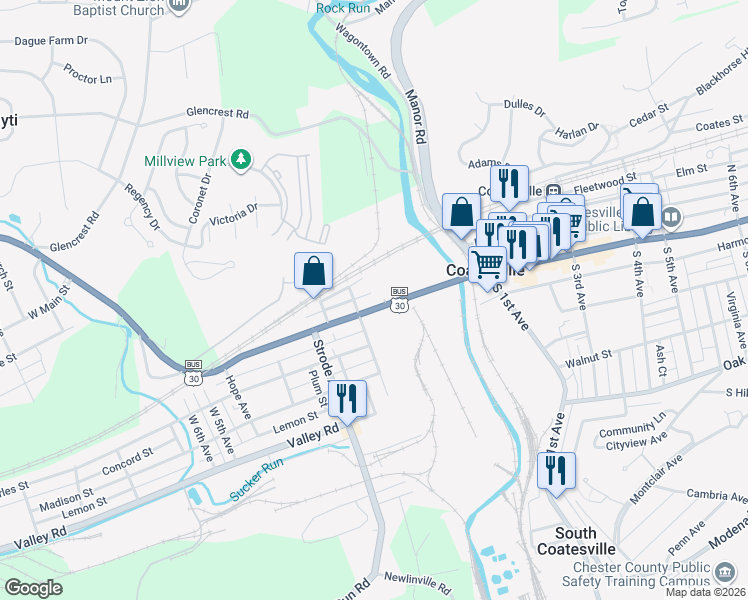 map of restaurants, bars, coffee shops, grocery stores, and more near 135 West Lincoln Highway in Coatesville