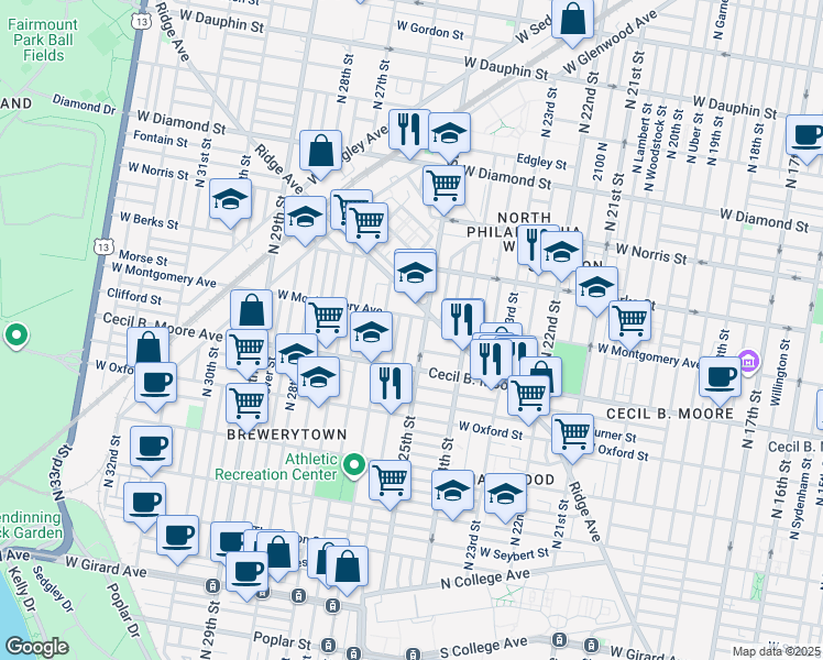 map of restaurants, bars, coffee shops, grocery stores, and more near 1753 North Stillman Street in Philadelphia