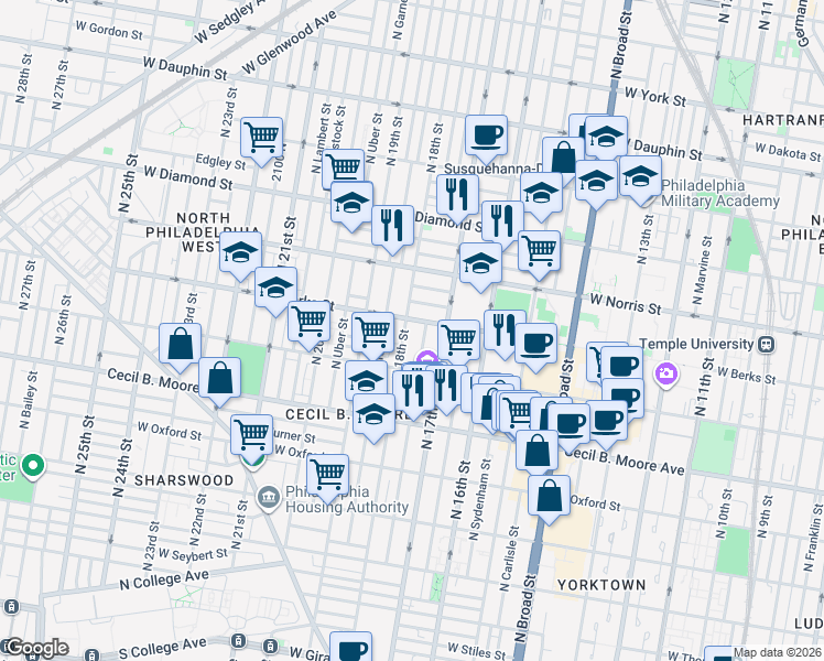 map of restaurants, bars, coffee shops, grocery stores, and more near 1839 North 18th Street in Philadelphia