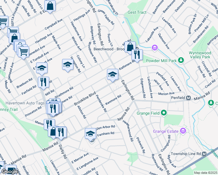 map of restaurants, bars, coffee shops, grocery stores, and more near 345 Brookline Boulevard in Havertown
