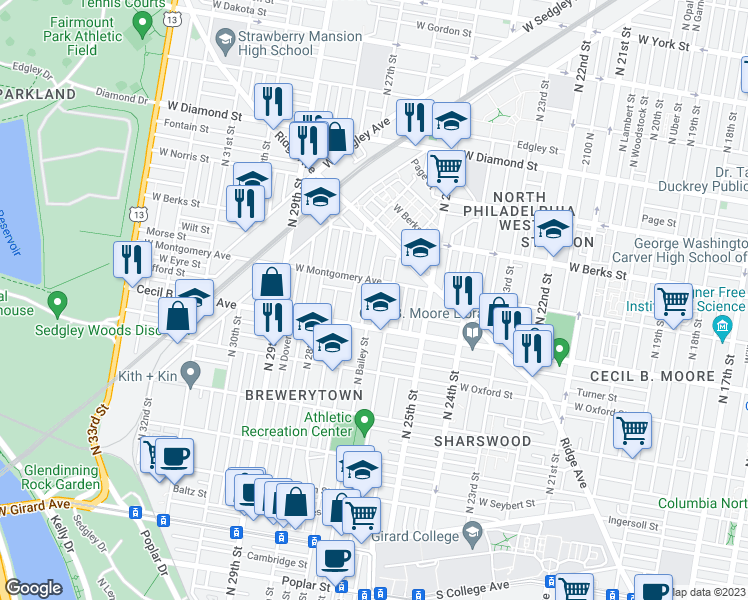 map of restaurants, bars, coffee shops, grocery stores, and more near 1740 North Bailey Street in Philadelphia