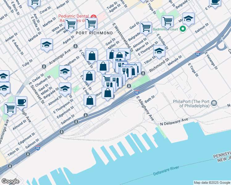 map of restaurants, bars, coffee shops, grocery stores, and more near 3127 Salmon Street in Philadelphia