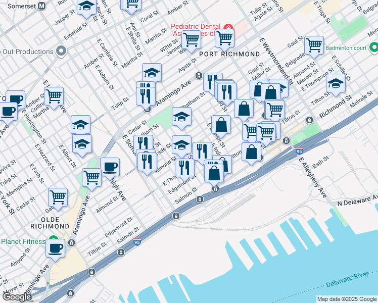 map of restaurants, bars, coffee shops, grocery stores, and more near 2600 Ann Street in Philadelphia
