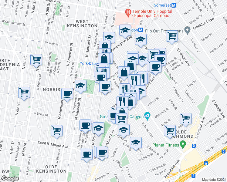 map of restaurants, bars, coffee shops, grocery stores, and more near 2050 East Dauphin Street in Philadelphia